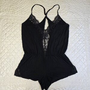 Victoria's Secret Women's Medium Lace Trim Romper Lingerie Sleepwear Black Sexy